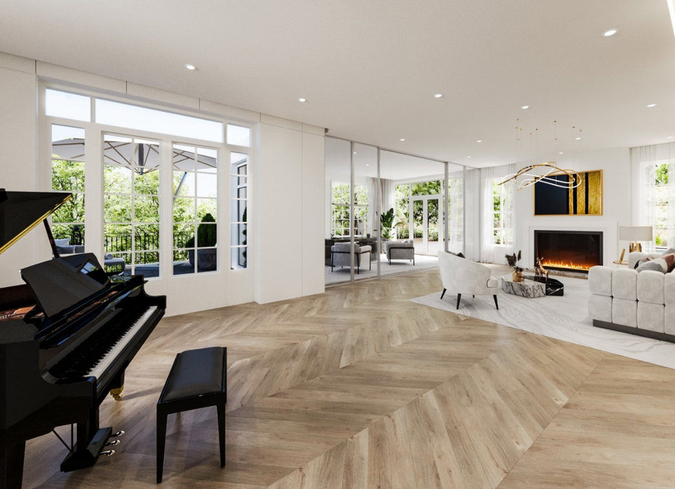 A piano foregrounds the downstairs living space.