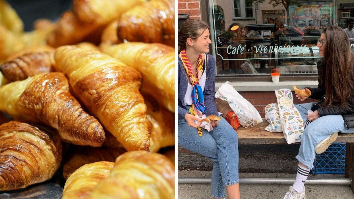 A pile of buttery croissants. Right: Two people eat croissants outside a Montreal café.