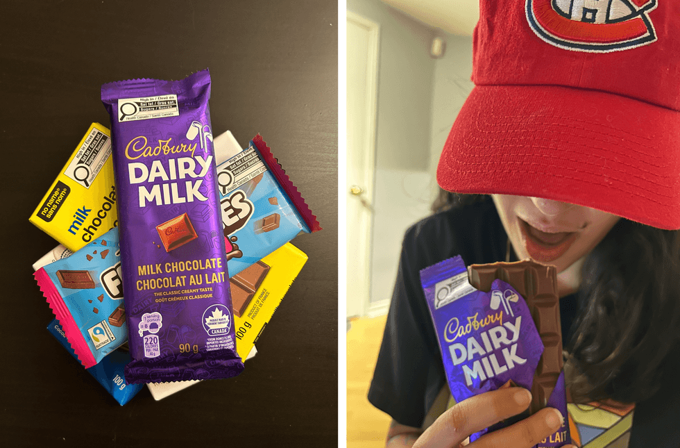 A pile of chocolate bars with Cadbury Dairy Milk on the top. Right: Zeinab bites a bar of Cadbury Dairy Milk.