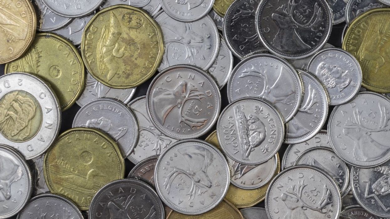 A pile of standard Canadian coins.