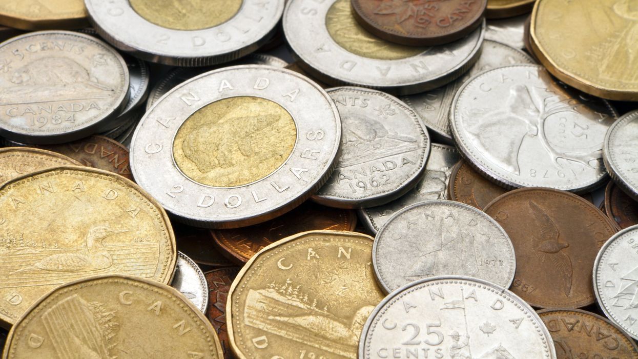 A pile of standard Canadian coins.
