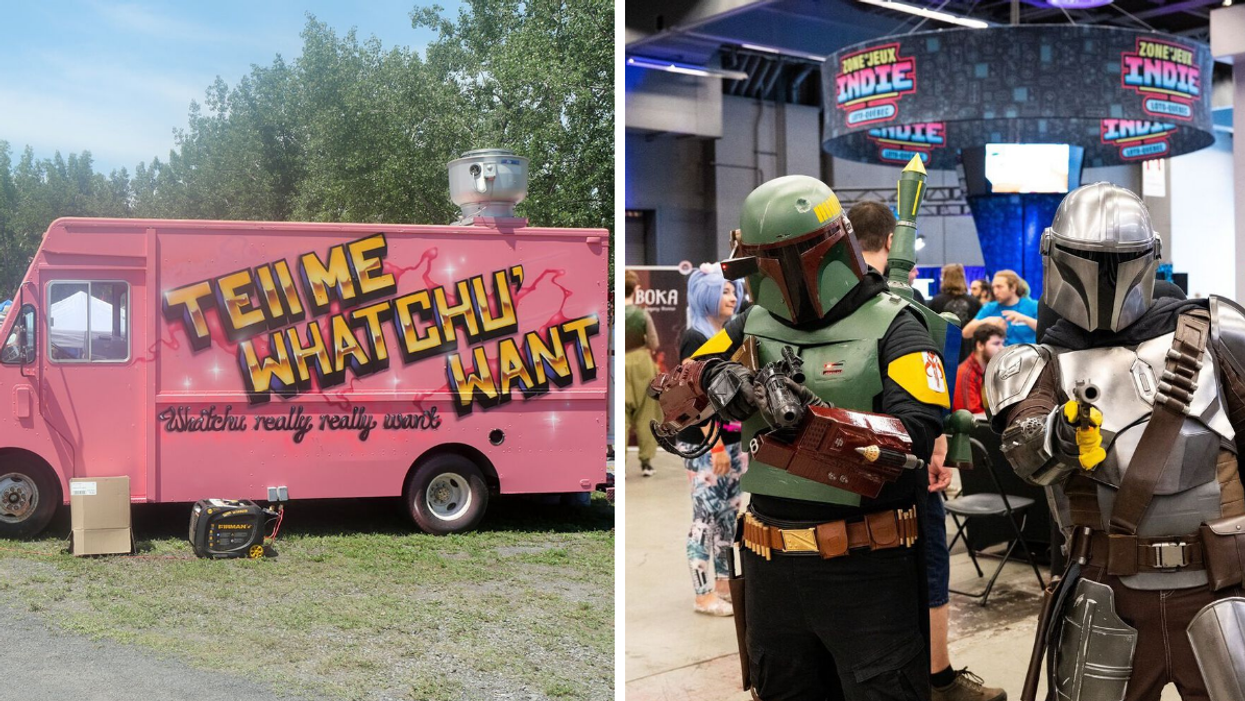 A pink food truck with the words "Tell me whatchu want" written on it. Right: Two people in Mandalorian costumes pose at Montreal Comiccon.