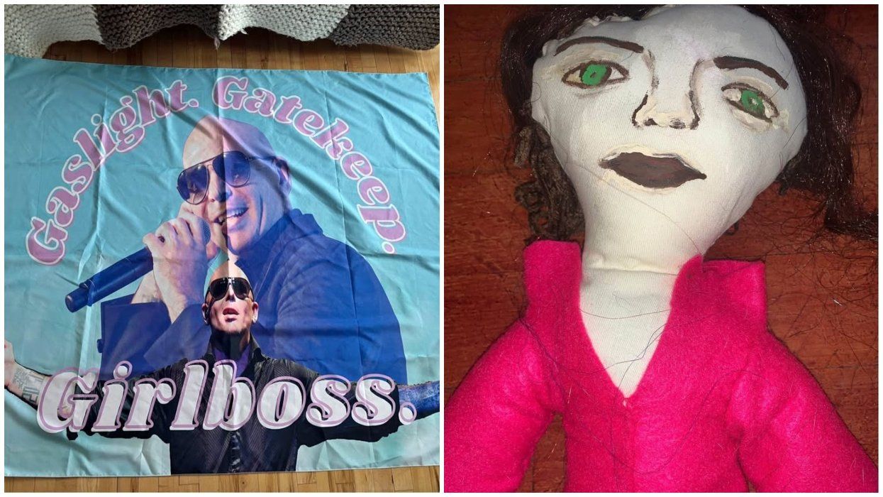 A Pitbull blanket. Right: A Harry Styles doll.
