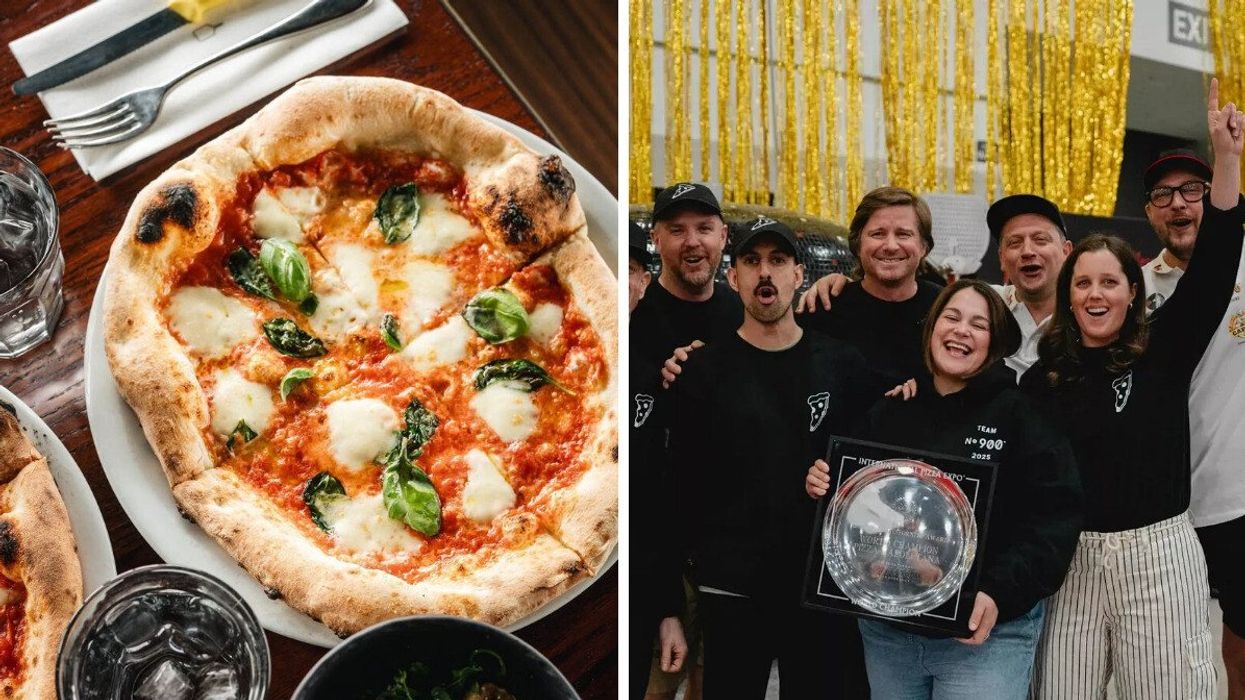 A pizza from No. 900 in Montreal. Right: The team from Pizzeria No. 900 wins the top prize at a competition in Las Vegas.