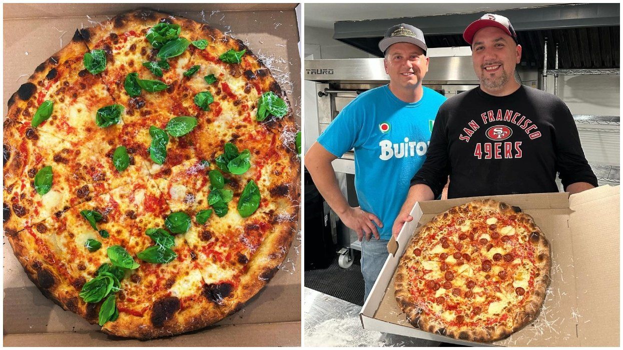 A pizza in a box. Right: The owners of Frankie's Pizza in Montreal.