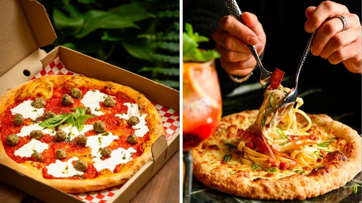 A pizza with cheese, tomato sauce and tiny meatballs on top poached inside a box. Right: A person eating a pizza with pasta in the centre.