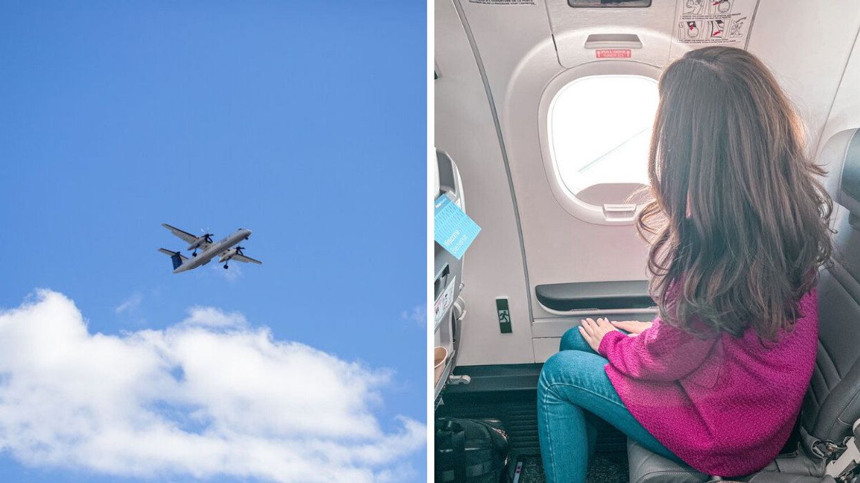 A plane in the sky. Right: A person sitting on a plane.