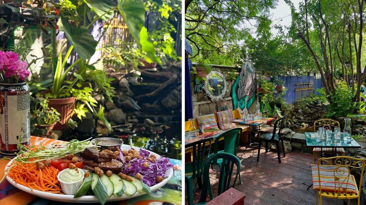 A plate from a cafe in Montreal. Right: A Montreal restaurant patio. 
