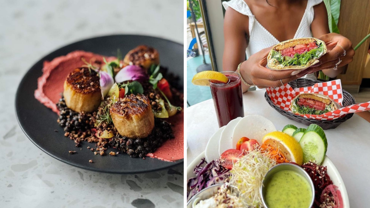 A plate of eggplant faux-scallops from Bistro Tendresse. Right: Someone enjoys a vegan wrap at Aux Vivres.