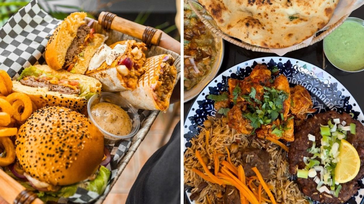A platter of burgers, wraps and curly French fries. Right: A platter of traditional Pakistani cuisine including a side of naan and basil sauce.