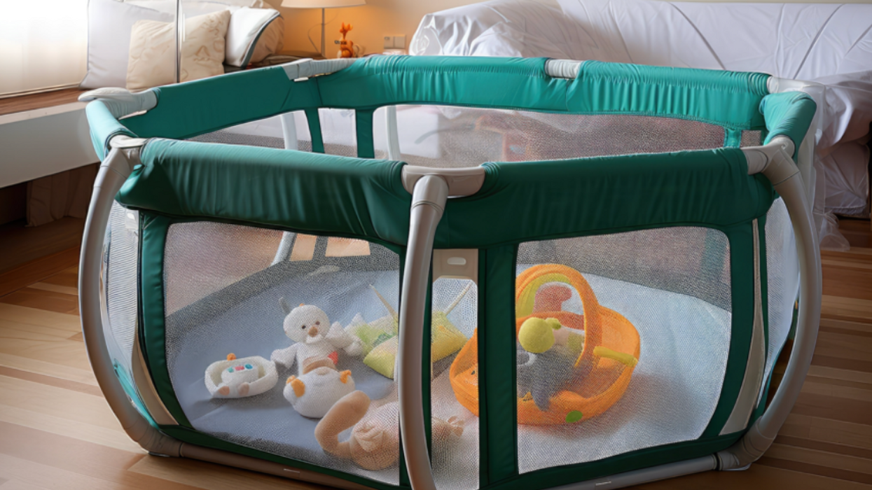 A play pen filled with baby toys set up on the floor of a living room.