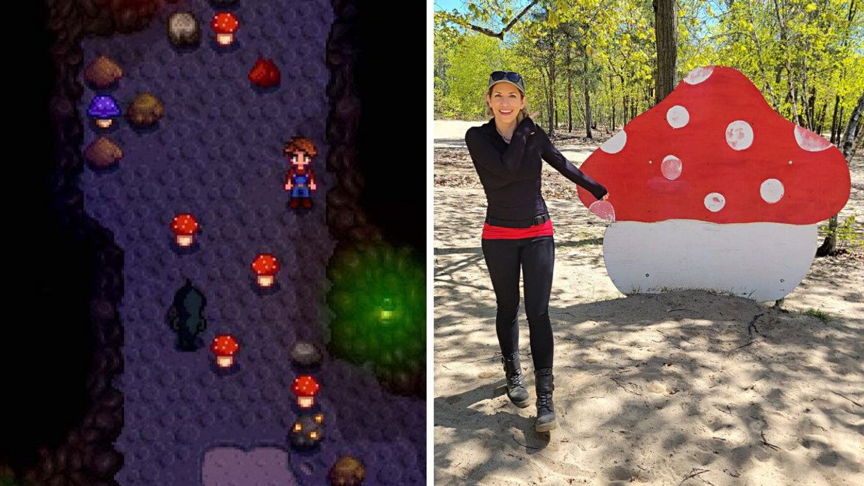 A player in Stardew Valley in a cave surrounded by mushrooms. Right: Sofia points at a red mushroom cutout in a forest during a CMM foraging trip.