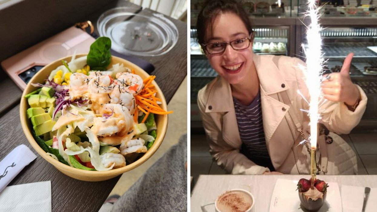 A poke bowl. Right: A person at a eestaurant.