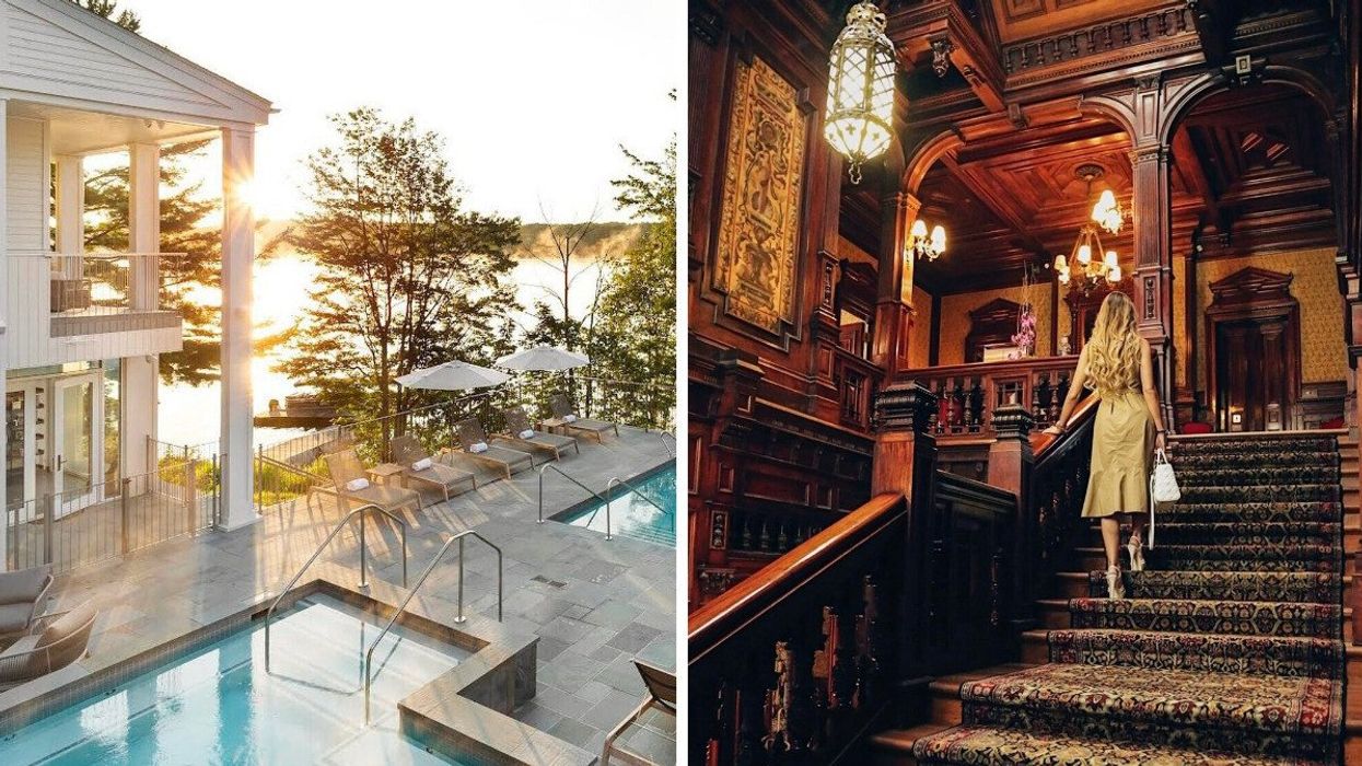 A pool deck by the water. Right: Someone walks up a staircase in a cozy-looking wood-accented room.