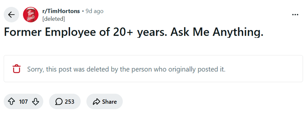 A post on the Tim Hortons Reddit page.