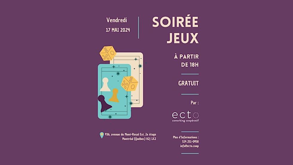 A poster featuring a graphic design of playing cards, dice and board game pieces.