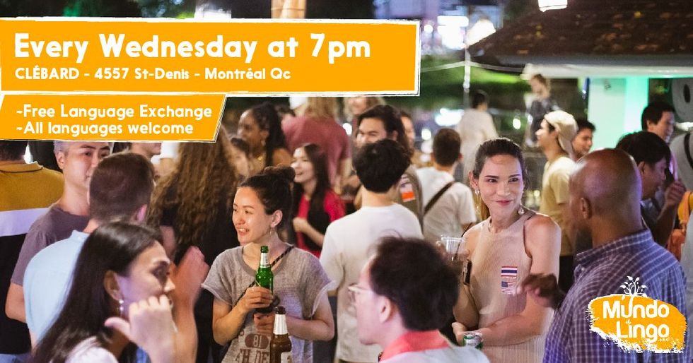 A poster featuring groups of people drinking beverages and mingling amongst each other.