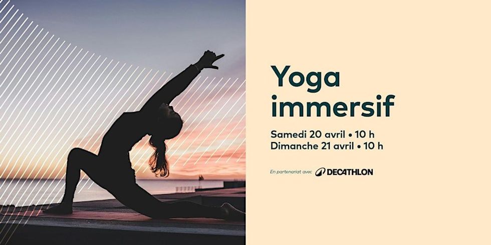 A poster for a free yoga event sponsored by Decathlon in Laval, Quebec.\u200b