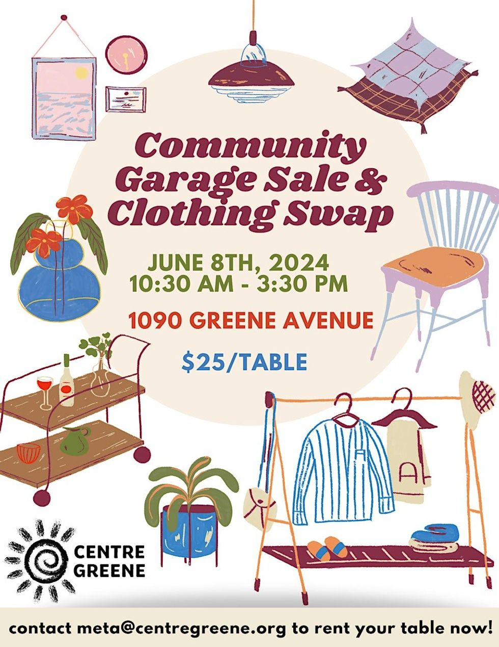 A poster for an upcoming community garage sale featuring graphics of clothing, plants and home accessories.