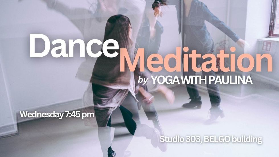 A poster for an upcoming dance meditation workshop in Montreal featuring people in various dancing positions in the background.