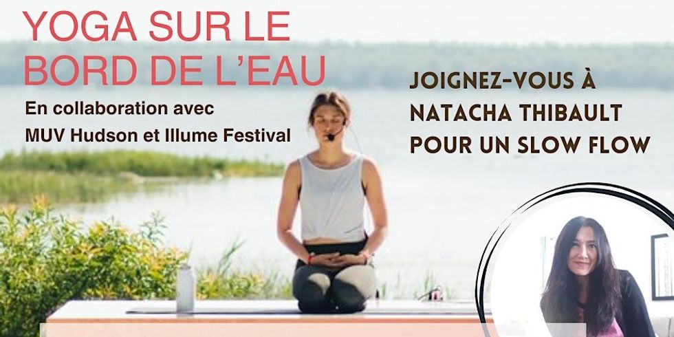 A poster for an upcoming free yoga session in Montreal. featuring a person instructing a yoga class by a body of water.