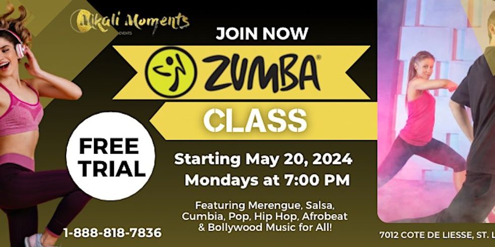 A poster for an upcoming free Zumba class in Montreal featuring details of the event and two people in workout poses.