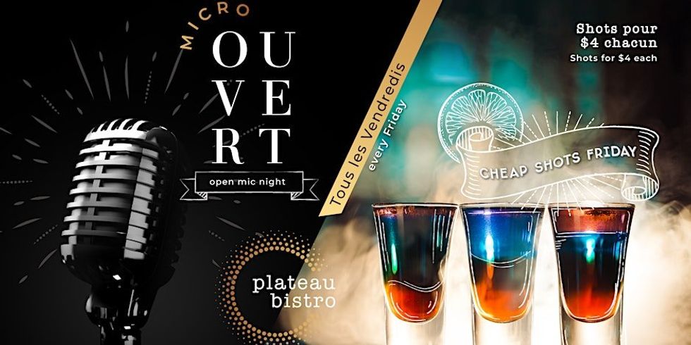 A poster for an upcoming open mic night at a Montreal restaurant featuring firework graphics, a vintage mic and three shot glasses.