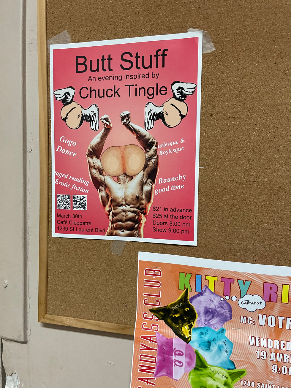 A poster for "Butt Stuff, an evening inspired by Chuck Tingle" pinned to a cork board.