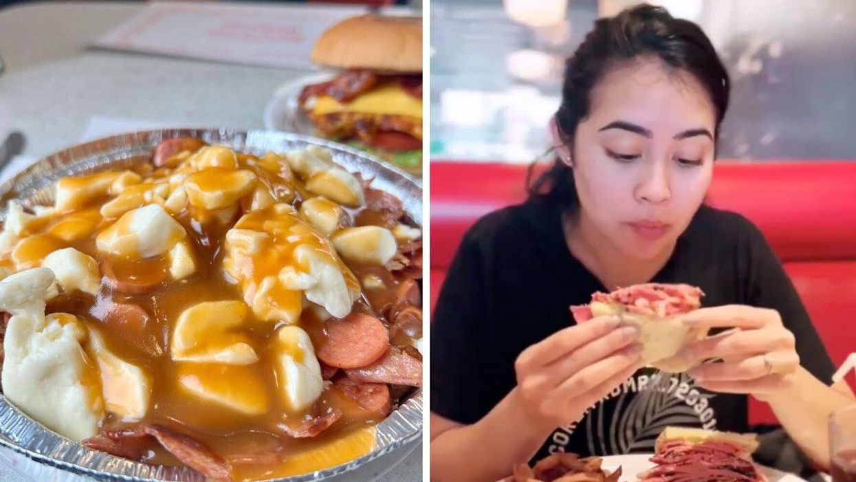 A poutine and burger from Paulo et Suzanne. Right: Someone eats a smoked meat sandwich from Dunn's in Montreal.