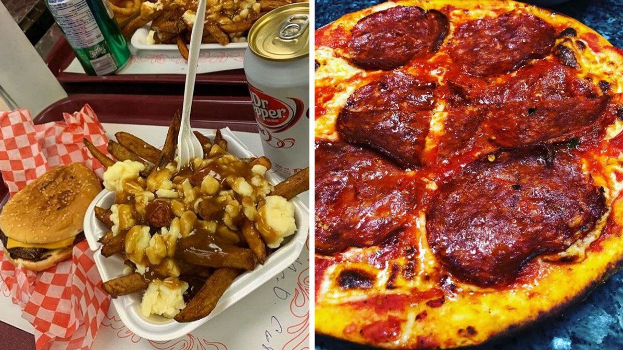 A poutine and burger on a tray at Montreal Pool Room. Right: A pepperoni pizza from Napoletana.