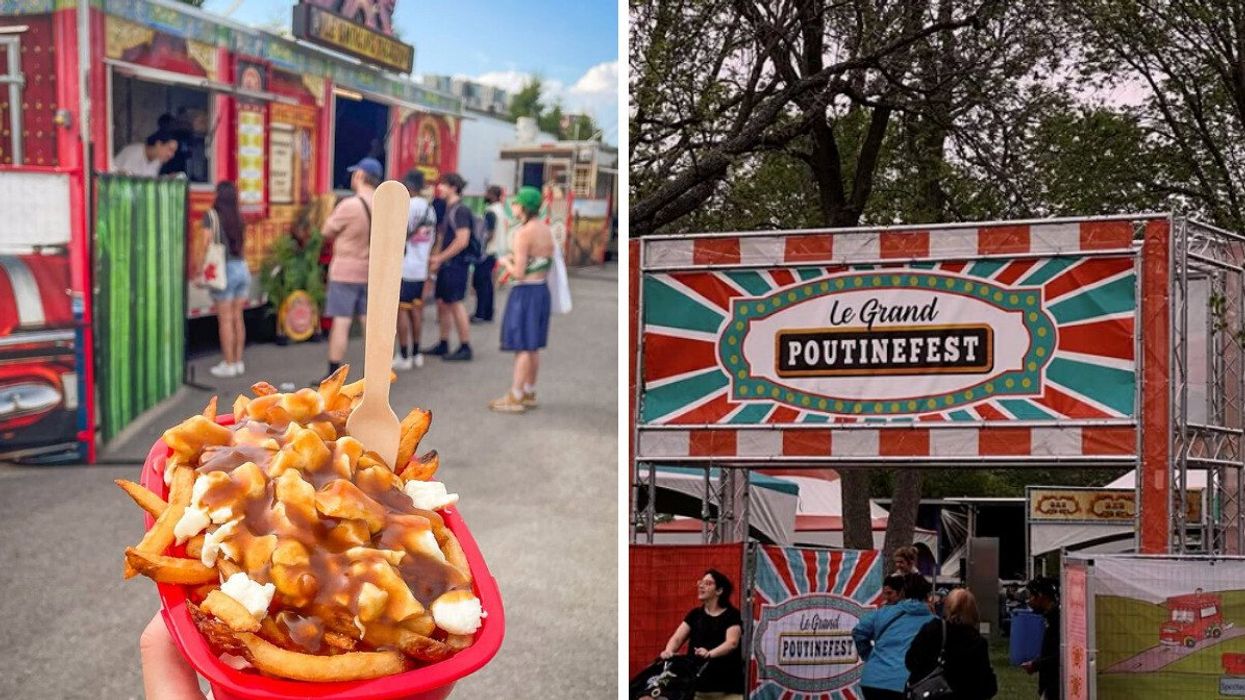 A poutine at a festival. Right: Entry to a Montreal poutine festival.