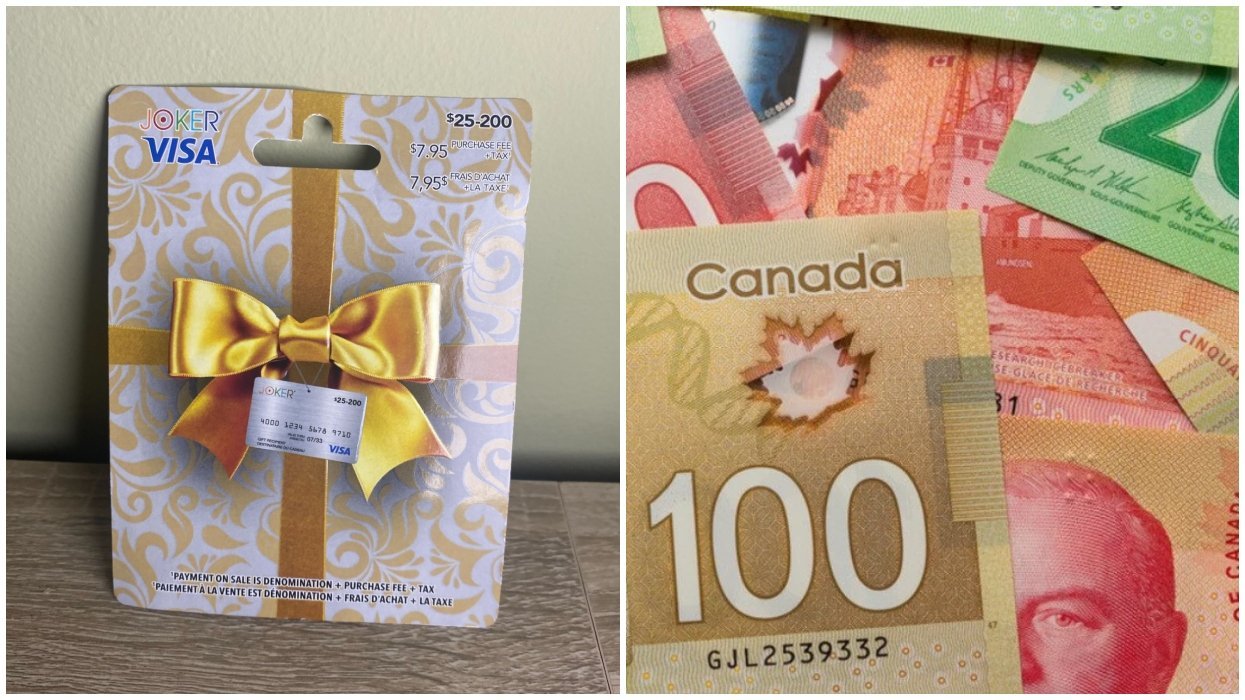A prepaid VISA card. Right: A stack of Canadian money.