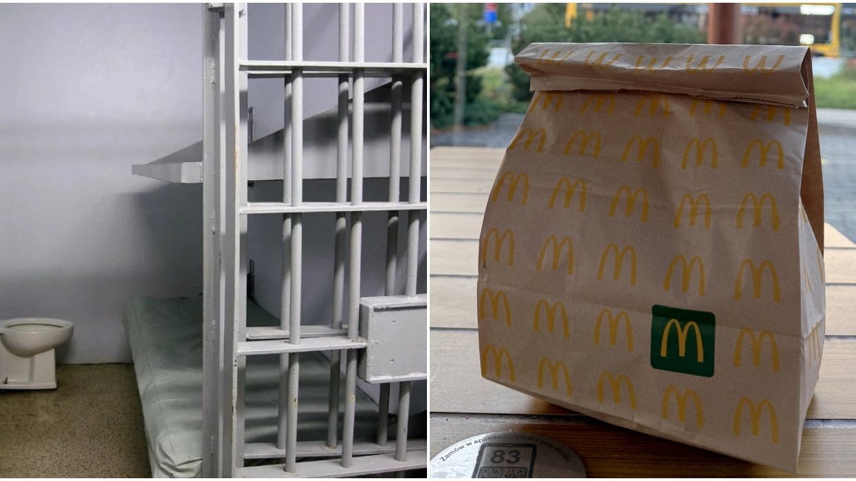 A prison cell. Right: A McDonald's takeout bag.