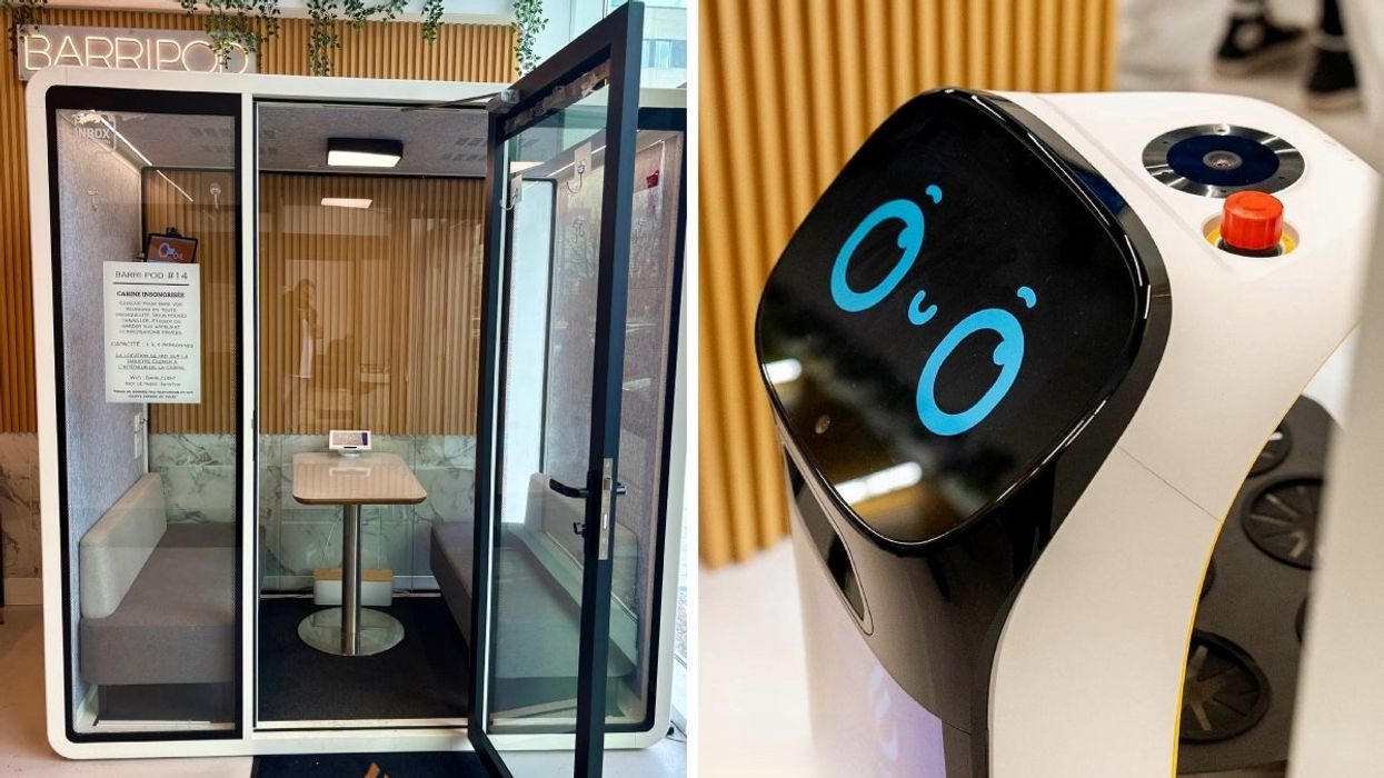 A private study pod with two padded benches, a table, digital menu and timer. Right: A robot server with anime-like features.