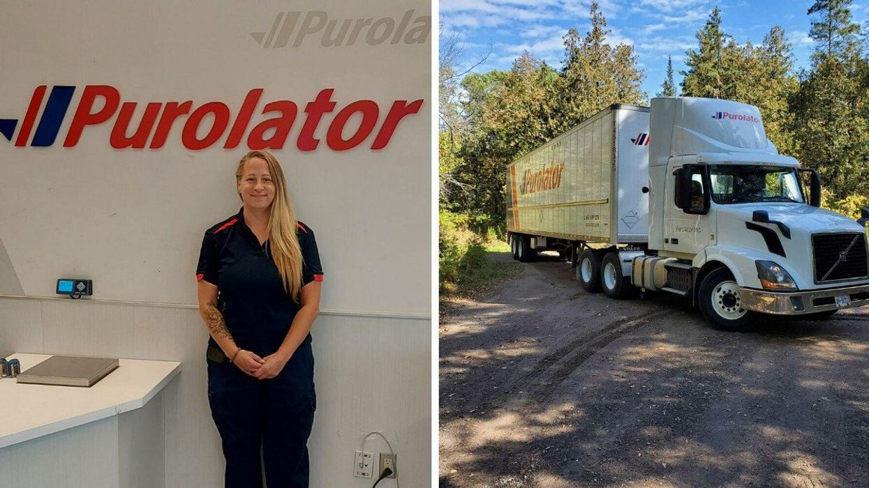 A Purolator employee, RIght: A Purolator truck.