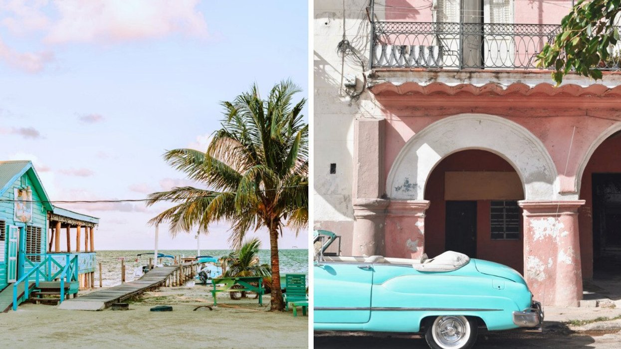 A quaint beachfront scene in Belize. Right: A pink house in Cuba with a blue, vintage car parked outside.