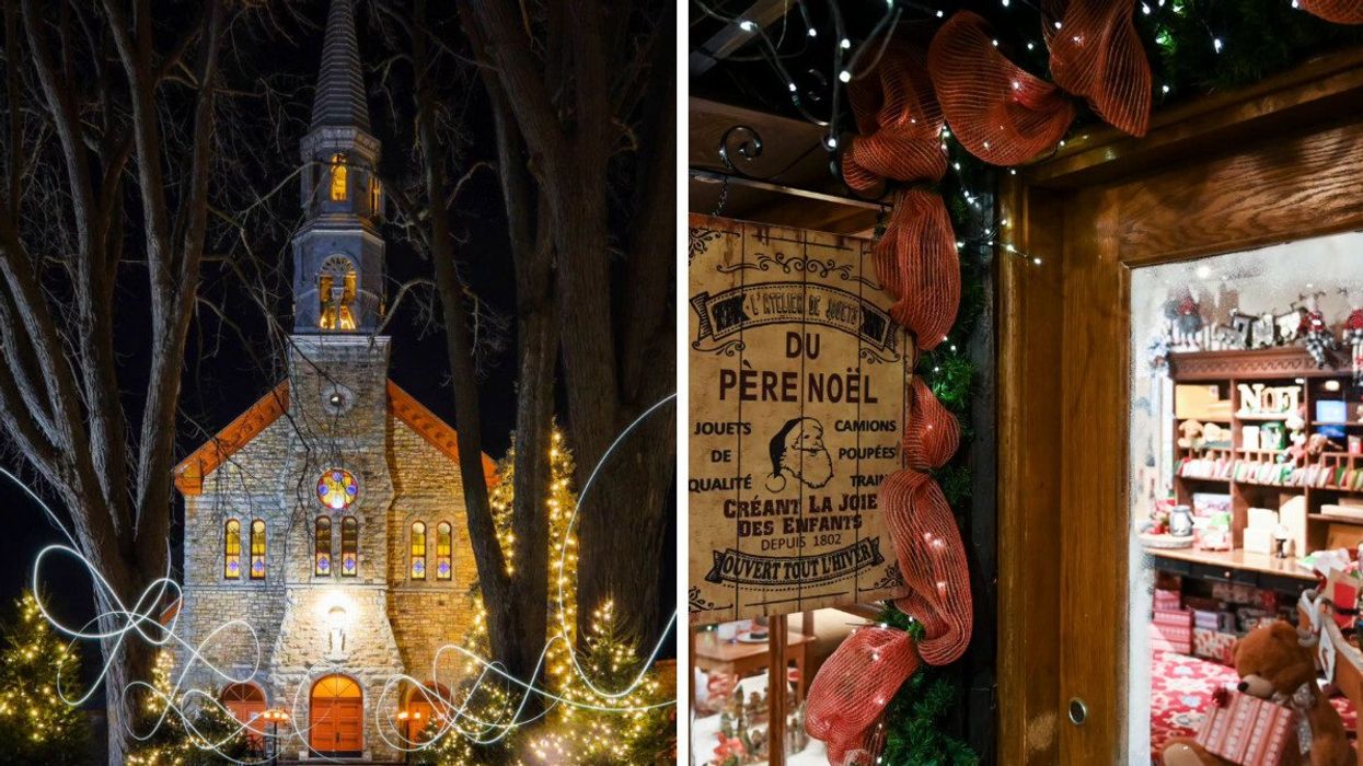 A quaint church in Montebello surrounded by holiday lights. Right: A cozy Christmas store in Montebello.