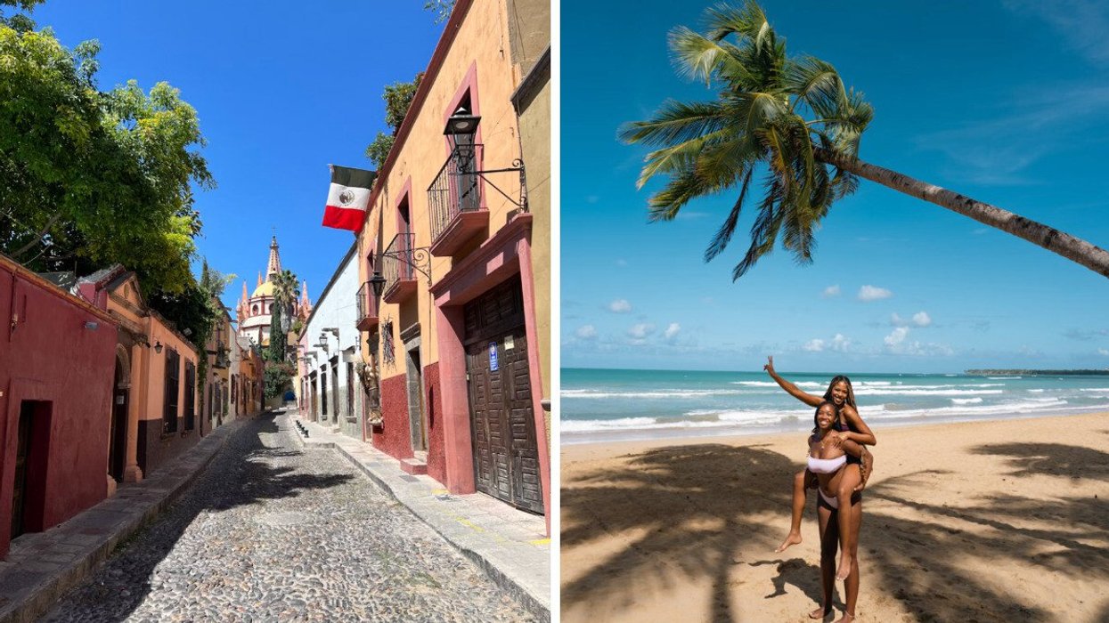 A quaint, cobblestone street in a small town in Mexico. Right: Two women smile and pose on a beach, beside a palm tree in the Dominican Republic.