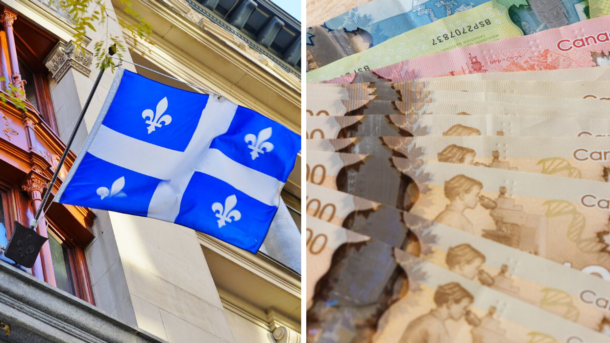 A Quebec flag flies outside a home in Montreal. Right: Canadian cash lies in a pile.