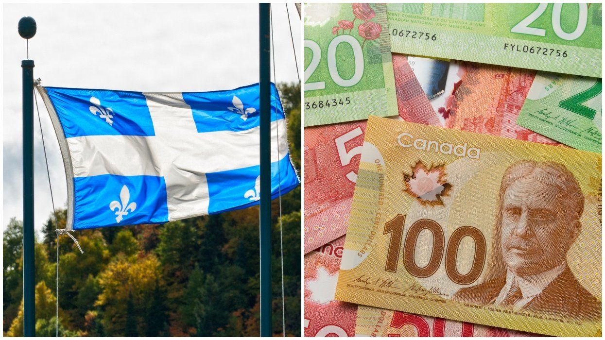 A Quebec flag. Right: A stack of money.