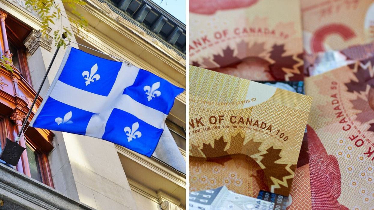 A Quebec flag. Right: Canadian money (illustrative).