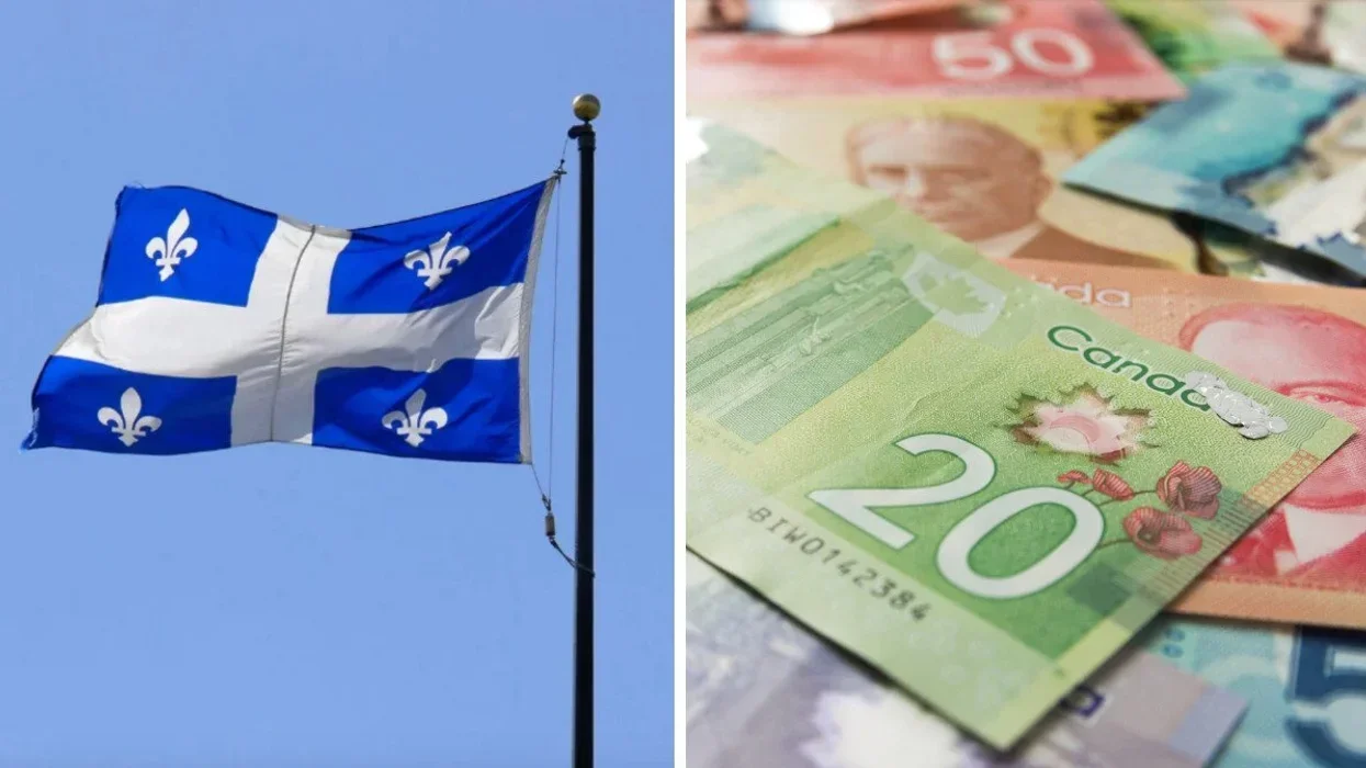 A Quebec flag. Right: Canadian money.