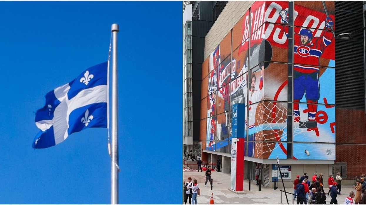 A Quebec flag. Right: The Bell Centre in Montreal.