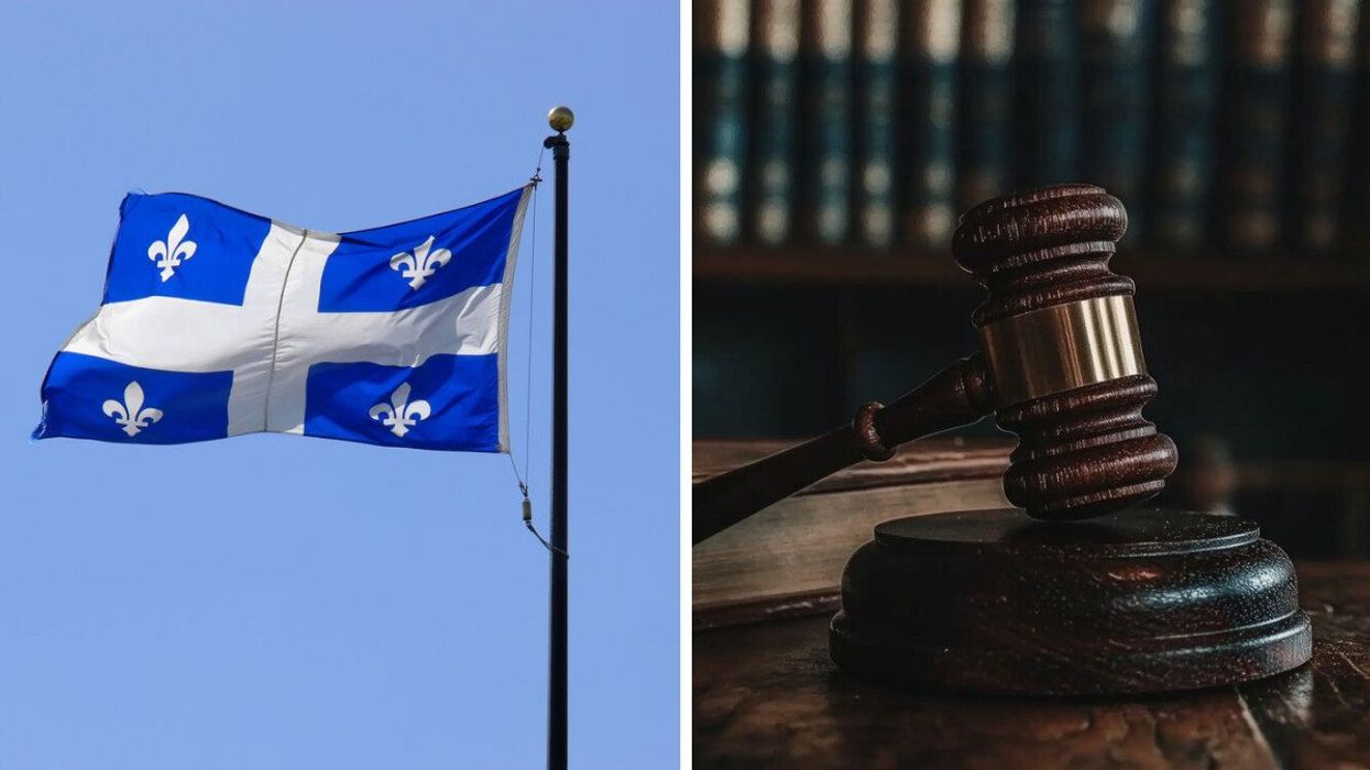 A Quebec flag waves. Right: A judge's gavol sits in a courtroom.