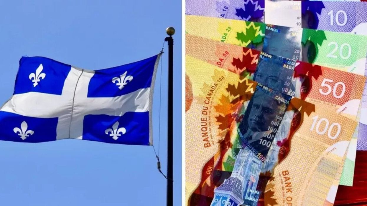A Quebec flag waves. Right: A stack of Canadian money on a wood surface.