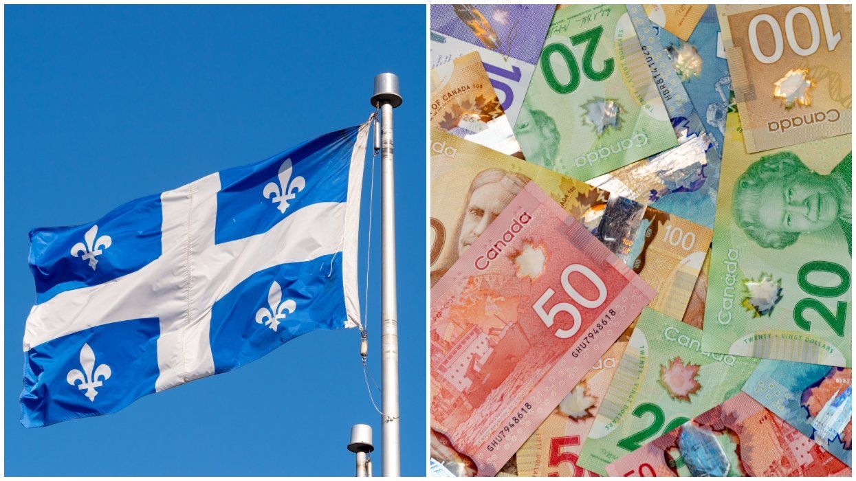 A Quebec flag waves. Right: A stack of money.
