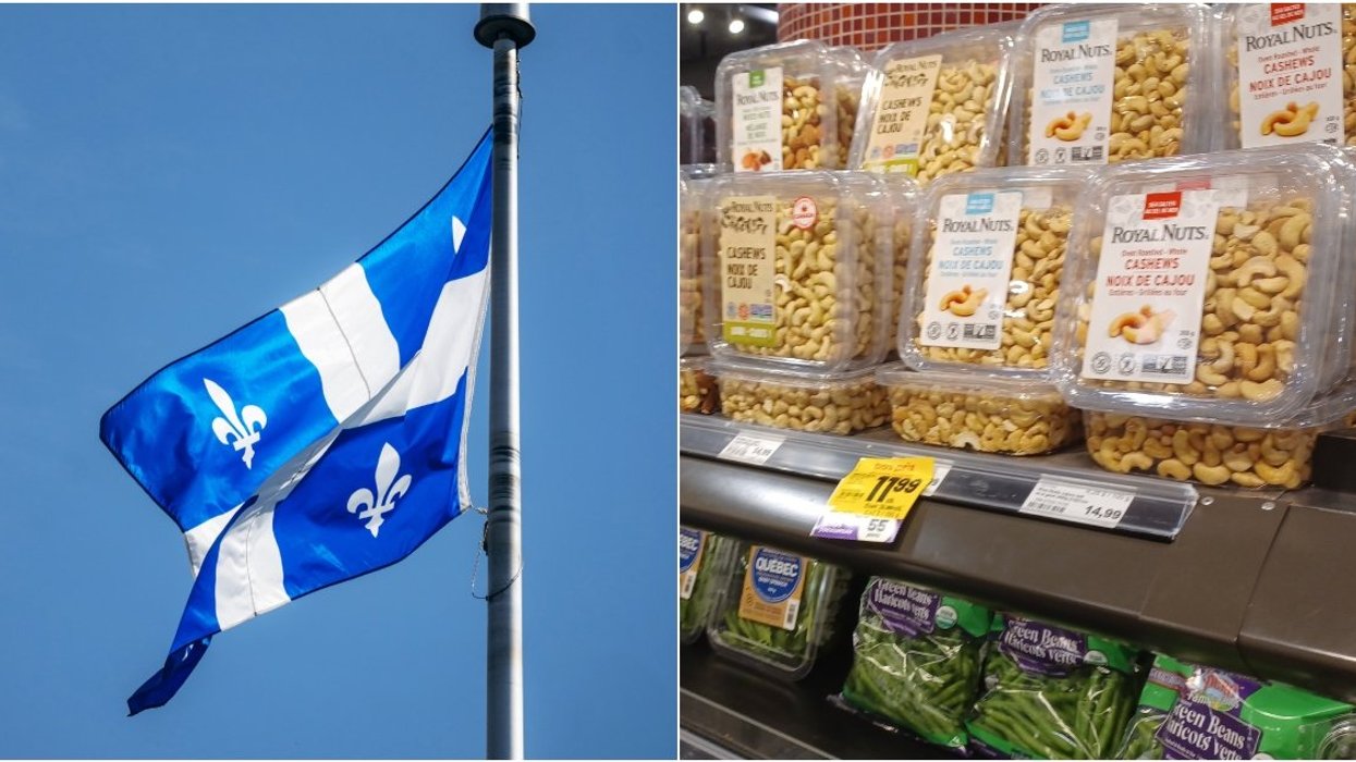 A Quebec flag waving. Right: A grocery store in Quebec.