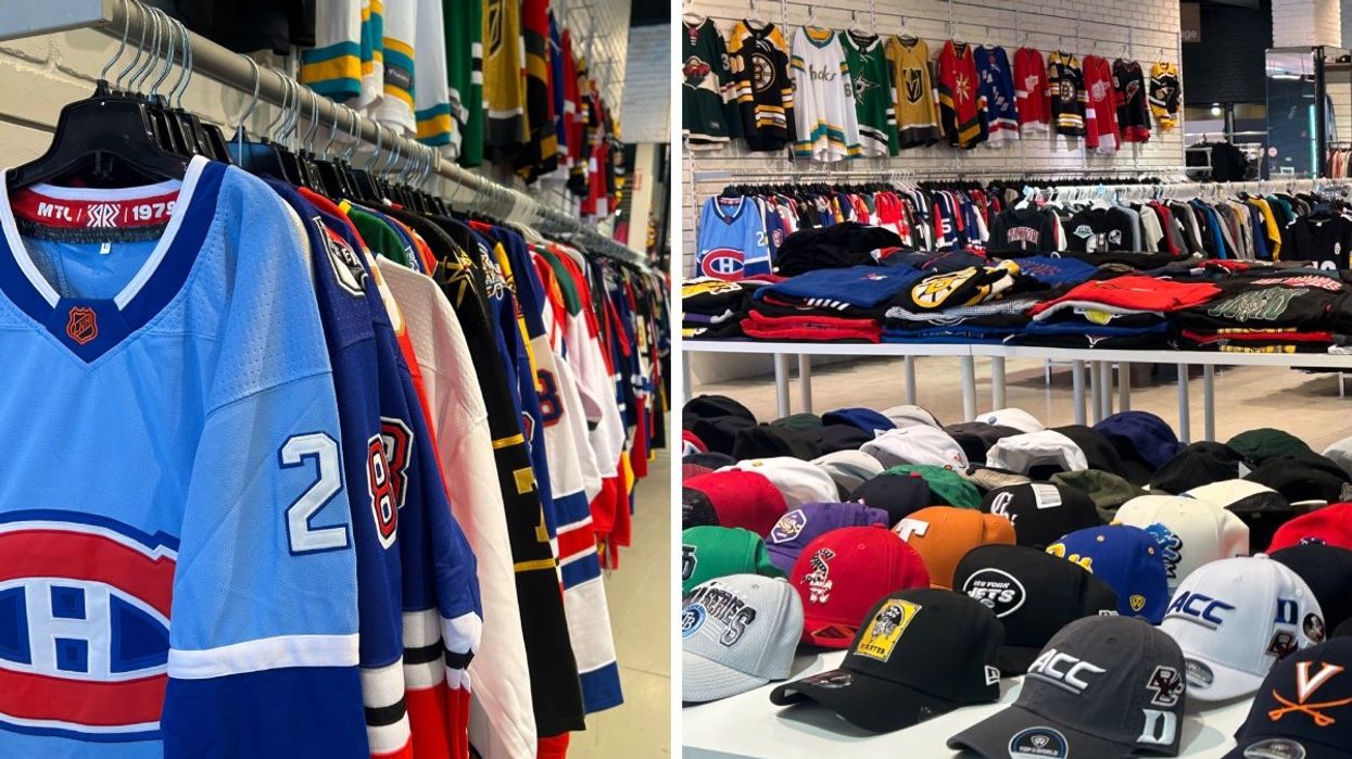 A rack of NHL hockey team jerseys lined up with the Canadiens limited-edition baby blue jersey in the front. Right: A table of sports caps with loads of sport team apparel in the background.