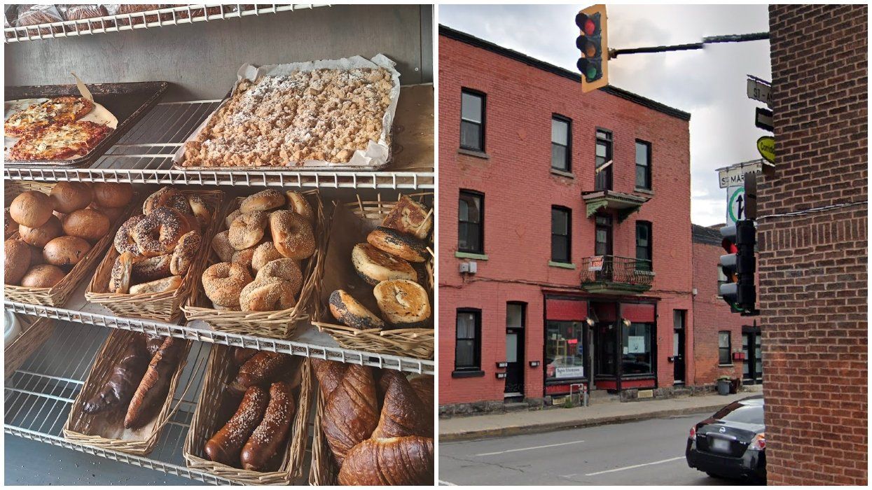 A rack of pastries and bagels. Right: The front of Bagel St-Henri in Montreal.