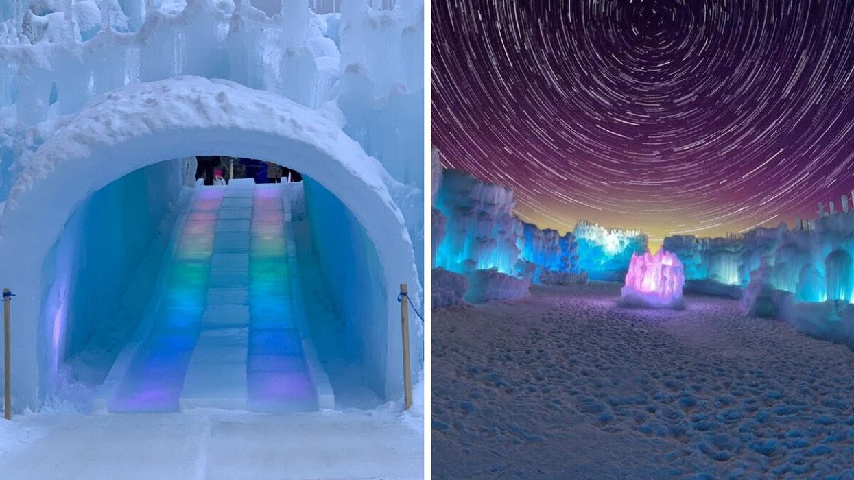 A rainbow ice slide. Right: Glowing ice formations.